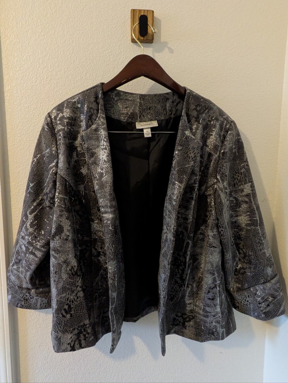 Dressbarn Women XL Metallic Silver Animal Print Open Front Blazer Jacket